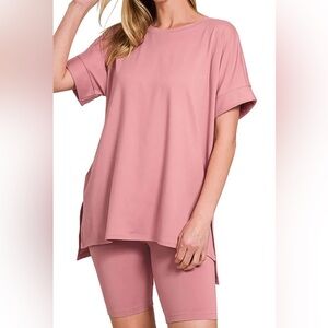 Zenana Light Rose Microfiber Biker Short SET